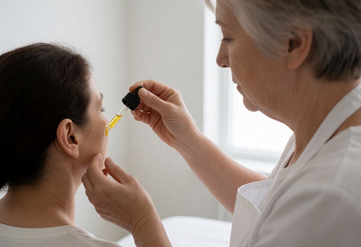 Un professionnel applique de l'huile faciale à un client dans un salon de beauté aux murs blancs et à la lumière naturelle.