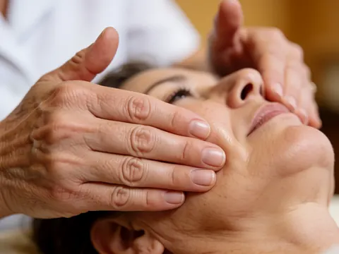 Gros plan des mains d'un praticien effectuant un soin du visage sur une peau aux pores visibles dans un cadre esthétique.