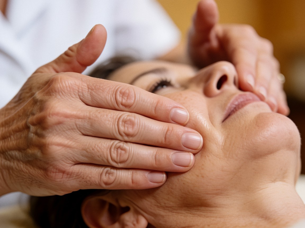 Gros plan des mains d'un praticien effectuant un soin du visage sur une peau aux pores visibles dans un cadre esthétique.