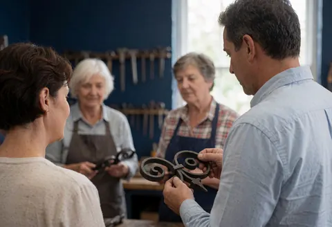 Un forgeron montre une pièce en fer forgé à deux clients âgés dans son atelier, avec des outils suspendus sur un mur bleu et de la lumière naturelle.