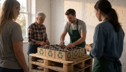 Des ouvriers portant des tabliers trient des batteries usagées dans des boîtes aux symboles verts posées sur une palette en bois, dans un atelier aux murs de briques blanches.