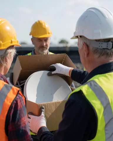 Trois techniciens en casques et gilets de sécurité soulèvent une antenne satellite depuis une boîte sur un toit lors d'une installation.