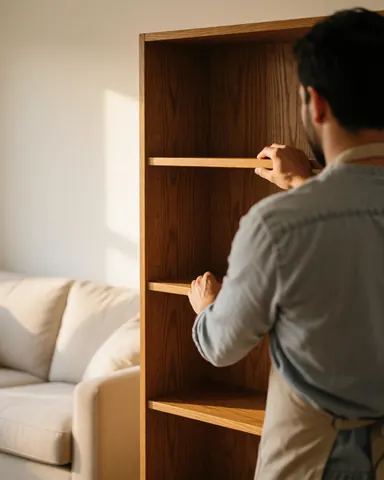 Un homme en tablier ajuste une étagère en bois dans un salon lumineux avec un canapé, illustrant un service de menuiserie en action.