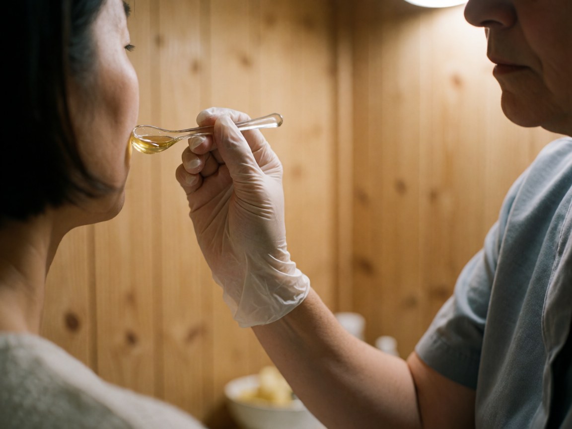 Un professionnel applique du miel sur le visage d'un client dans un salon de beauté aux murs en bois et à l'éclairage chaleureux.