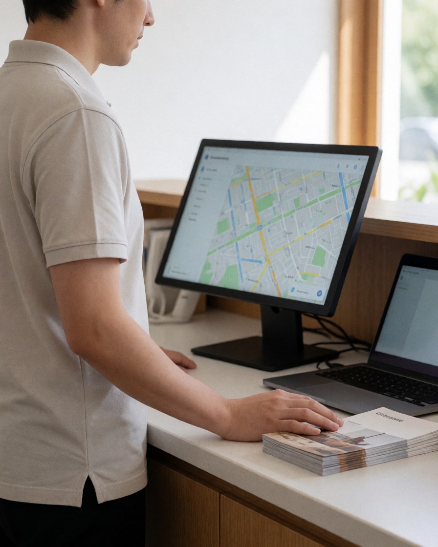 Un professionnel de bureau examine une carte urbaine affichée sur un écran plat posé sur un comptoir, entouré de brochures, dans un environnement moderne et lumineux.