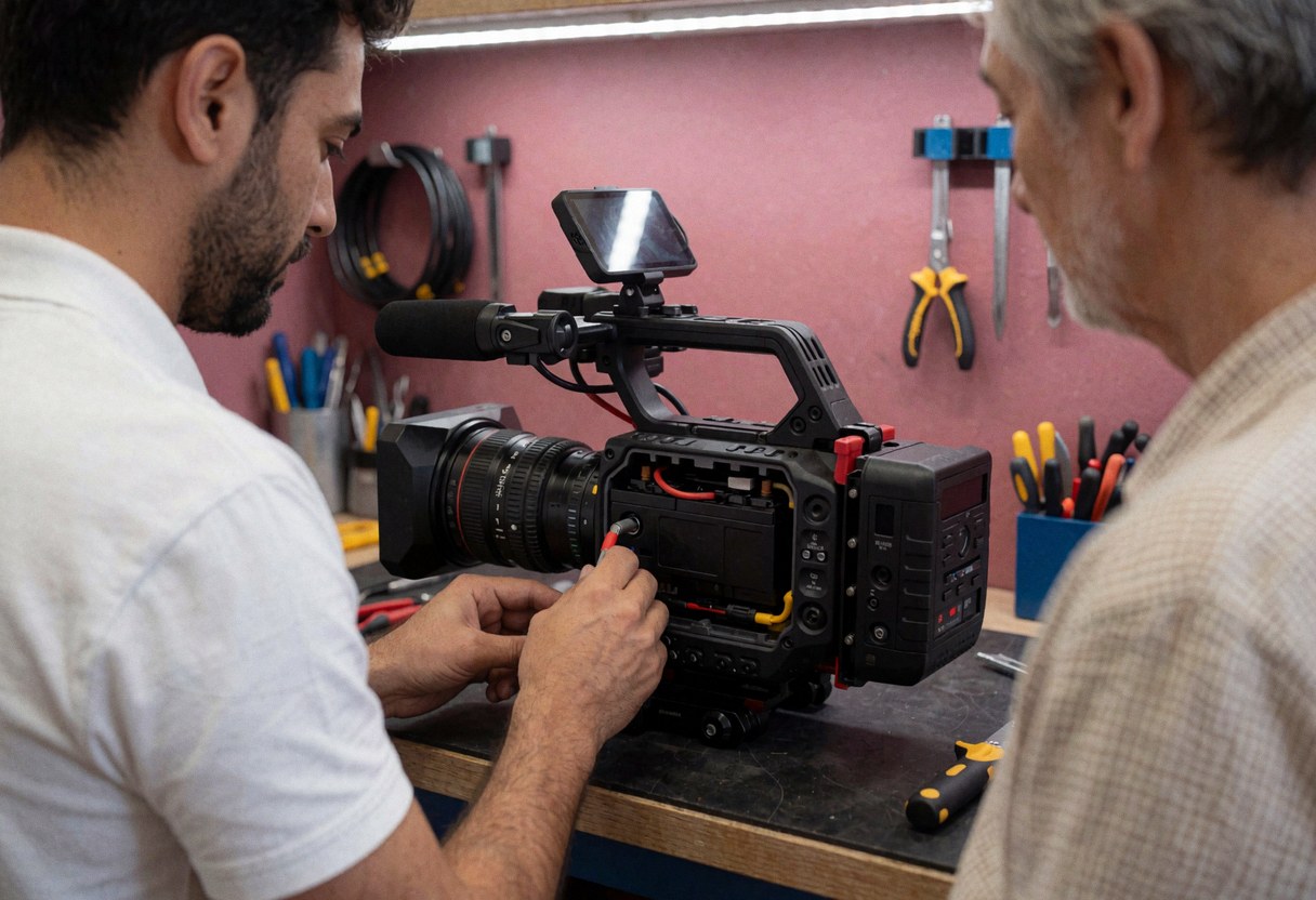 Un technicien examine attentivement une caméra vidéo dans un atelier avec des outils suspendus sur un mur rose.
