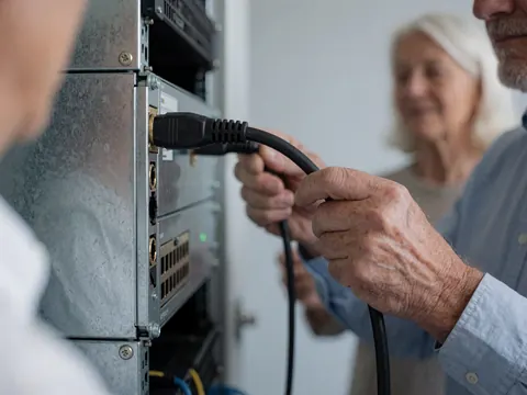 Main d'un technicien branchant un câble noir sur un switch métallique installé dans un rack, sur fond de mur gris clair, dans un cadre professionnel de réseau.