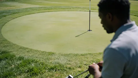 Un golfeur s'entraîne sur un green circulaire avec un drapeau, une pelouse bien entretenue et une lumière solaire vive, idéal pour un instructeur de golf.