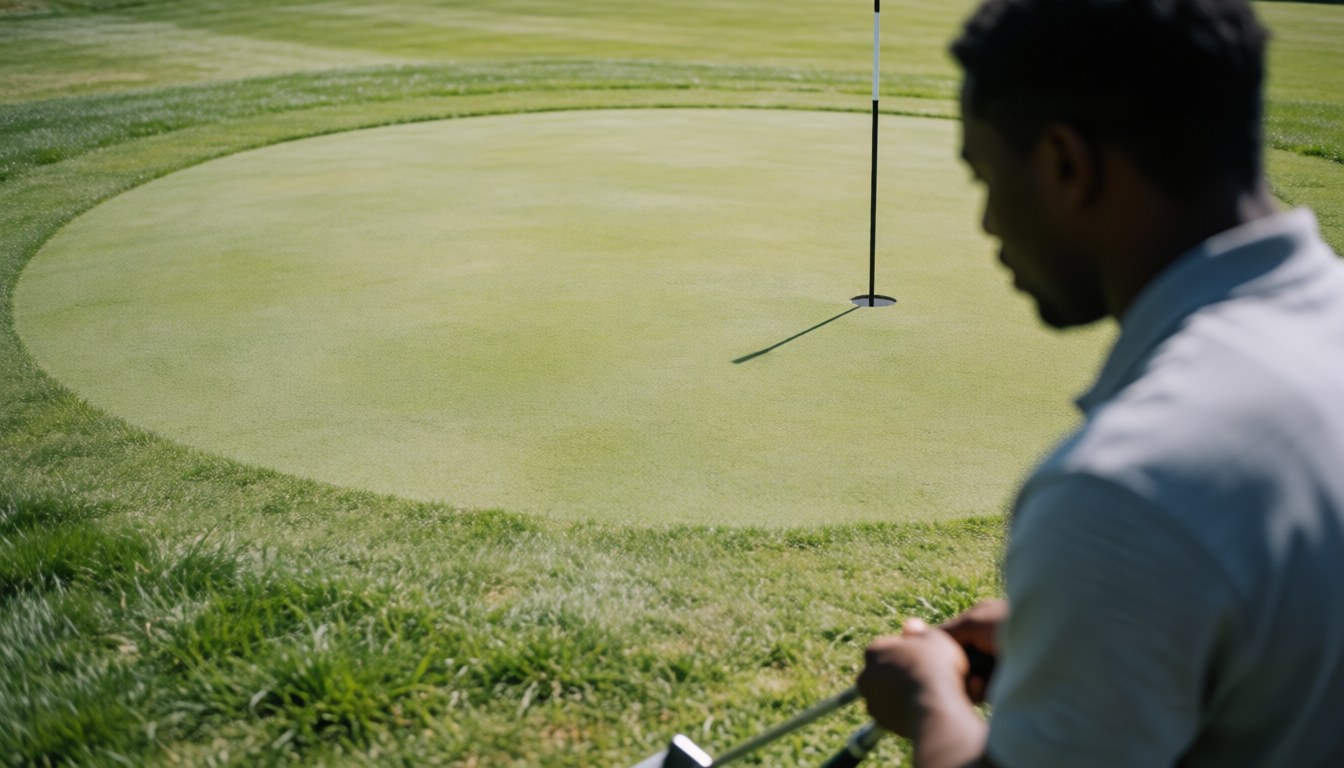 Un golfeur s'entraîne sur un green circulaire avec un drapeau, une pelouse bien entretenue et une lumière solaire vive, idéal pour un instructeur de golf.