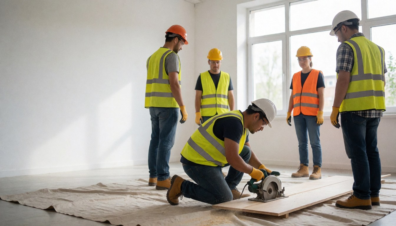 Des ouvriers en casques et gilets de sécurité utilisent une scie circulaire pour couper du bois dans un bâtiment aux murs blancs et grandes fenêtres.