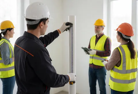 Un ouvrier mesure un tube en PVC dans un atelier de construction, équipé de casque et gilet de sécurité, dans un environnement professionnel et bien éclairé.