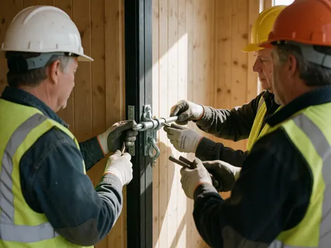 Trois ouvriers en casques et gilets de sécurité installent un système de sûreté sur une porte métallique dans un chantier avec des murs en bois.