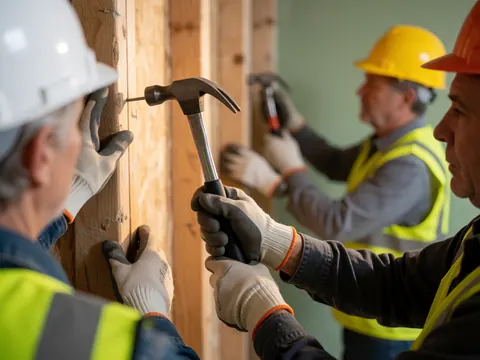 Des ouvriers en casques et gilets sur un chantier, l'un plante un clou dans le bois, mur en bois et fond vert.
