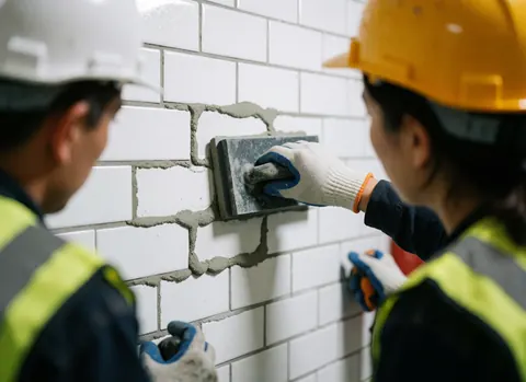 Une femme en casque jaune et gilet de sécurité applique du mortier entre des carreaux blancs pendant qu'un homme observe la rénovation d'une salle de bain.