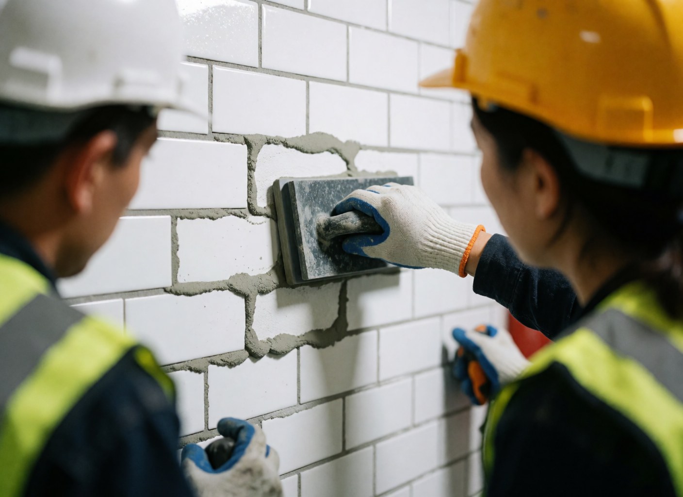 Une femme en casque jaune et gilet de sécurité applique du mortier entre des carreaux blancs pendant qu'un homme observe la rénovation d'une salle de bain.