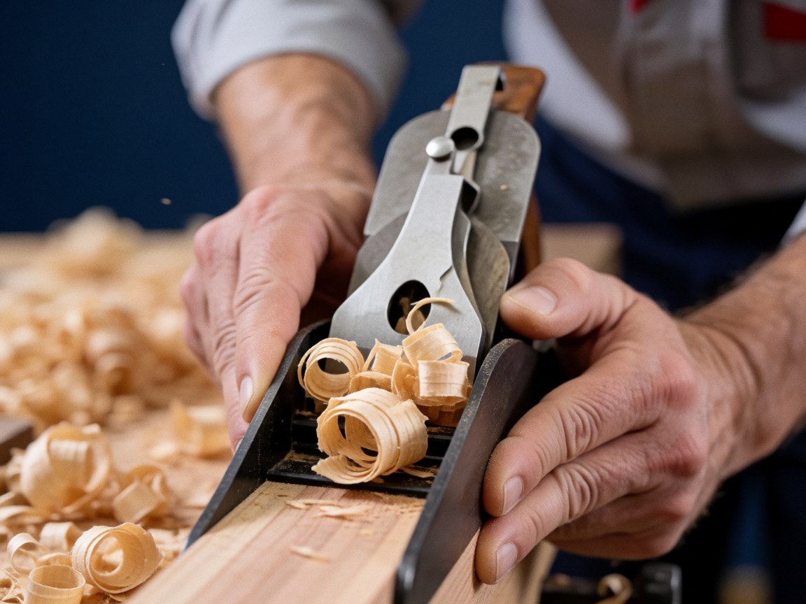 Une main tenant un plan technique au-dessus d'une planche de cèdre avec des copeaux visibles dans un atelier à fond bleu.