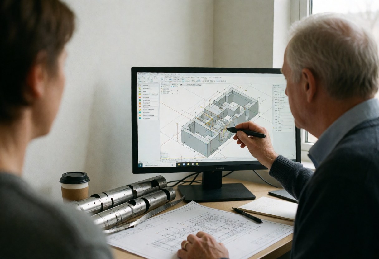 Un ingénieur senior pointe un design sur un écran avec un stylet, des plans métalliques et du café sont posés sur une table dans un bureau baigné de lumière naturelle.