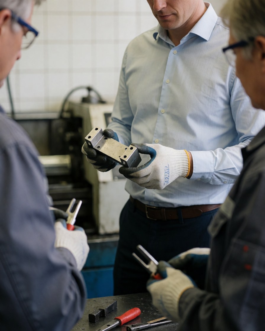 Trois professionnels équipés de gants et de lunettes de sécurité examinent un support métallique dans un environnement industriel.