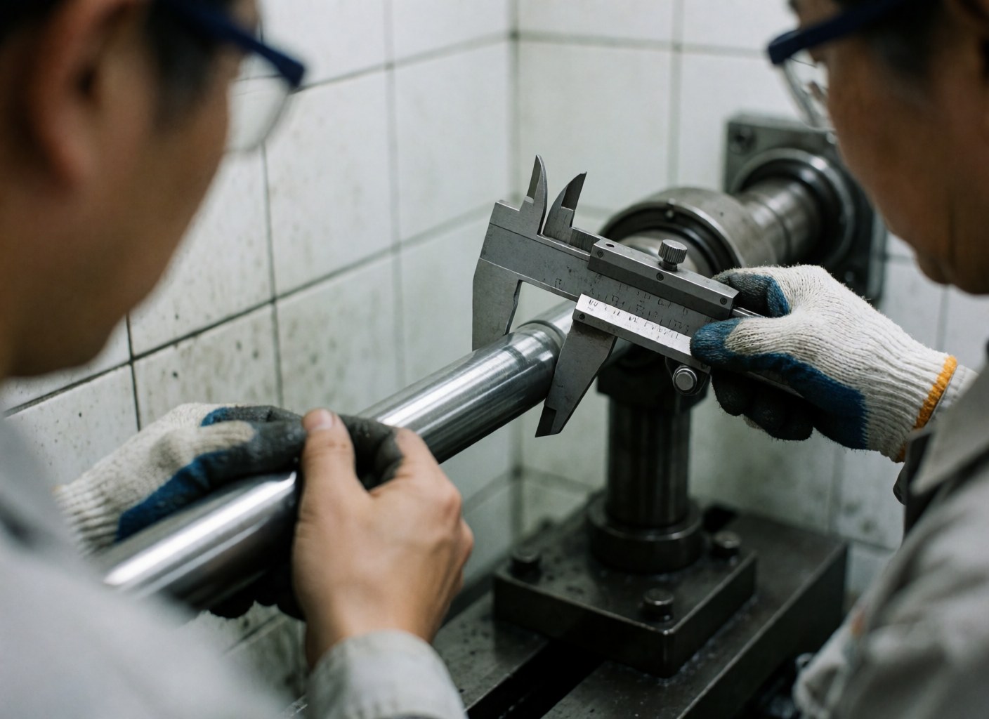 Un technicien équipé de gants et de lunettes de sécurité utilise un pied à coulisse pour mesurer avec précision un rouleau métallique poli dans un environnement industriel.