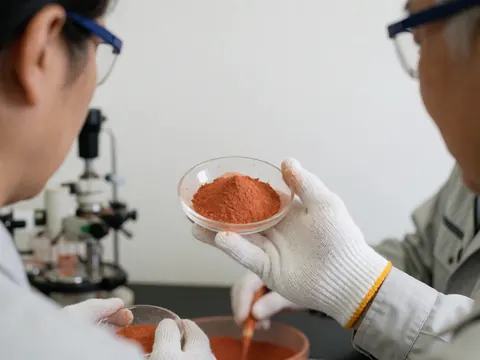 Deux personnes en laboratoire avec des gants et des lunettes, l'une tenant un récipient de poudre rouge, l'autre utilisant un microscope.