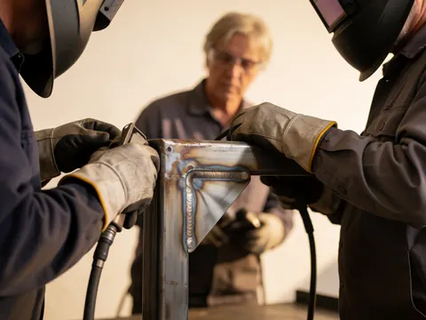 Deux soudeurs en casques et gants effectuent une soudure sur une structure métallique dans un atelier, avec un homme en arrière-plan.