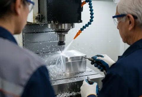 Un ouvrier avec des lunettes de sécurité dirige une machine CNC qui découpe un bloc d'aluminium avec du liquide de refroidissement dans une usine bien éclairée.