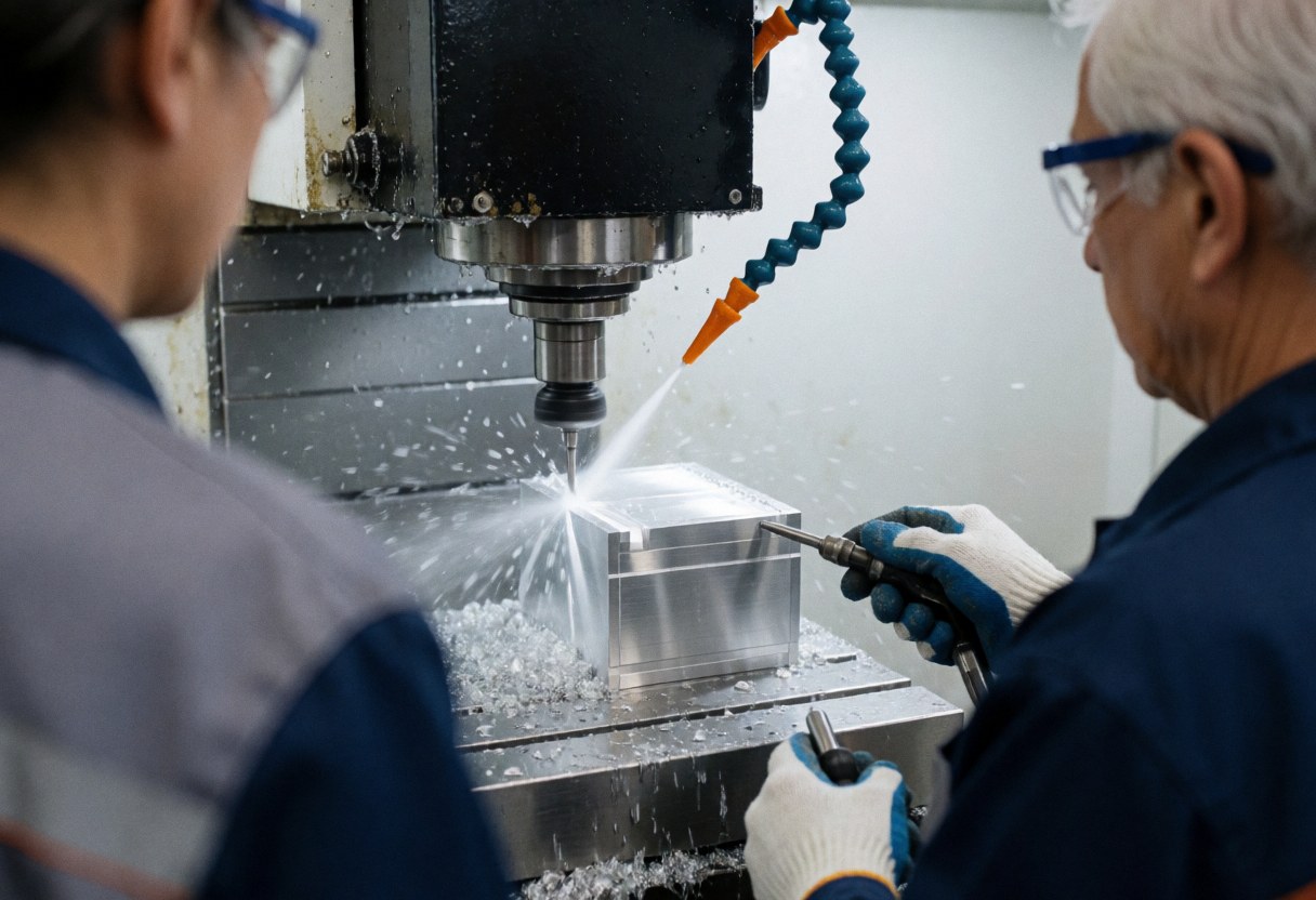 Un ouvrier avec des lunettes de sécurité dirige une machine CNC qui découpe un bloc d'aluminium avec du liquide de refroidissement dans une usine bien éclairée.