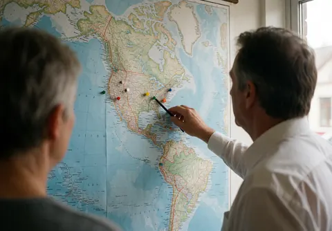 Un conseiller financier pointe des emplacements sur une carte de l'Amérique avec une épingle dans un bureau éclairé par la lumière naturelle, illustrant un service bancaire.