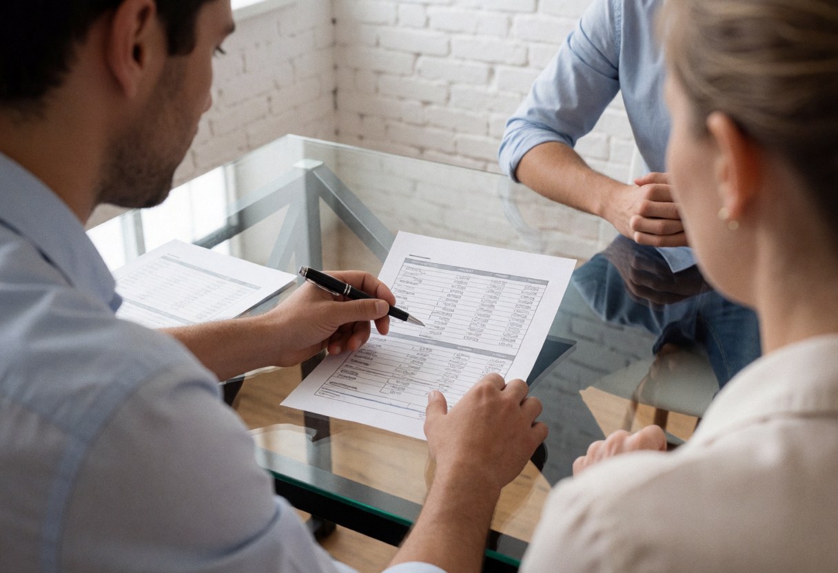 Deux professionnels analysent des documents financiers posés sur une table en verre dans un bureau moderne avec un mur de briques blanches.