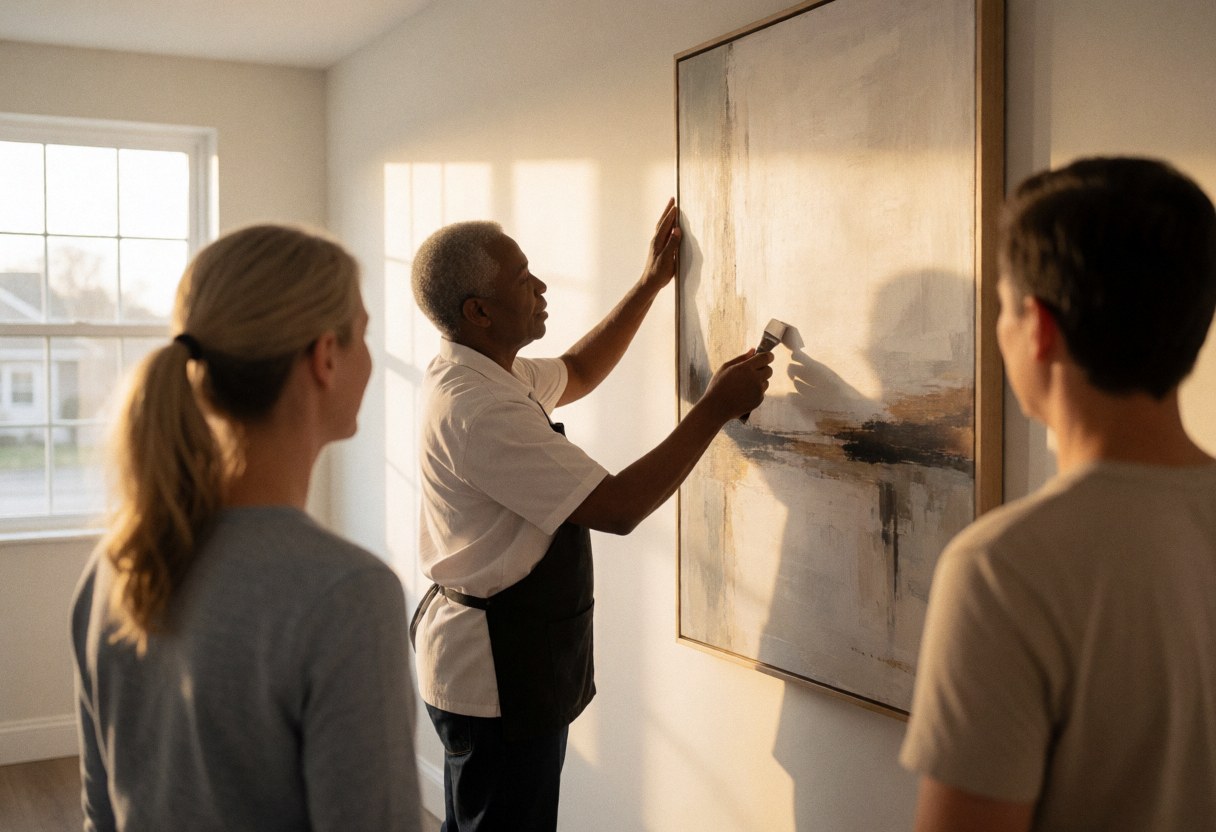 Un décorateur installe une peinture abstraite sur un mur blanc sous lumière naturelle pendant que deux personnes observent le travail.