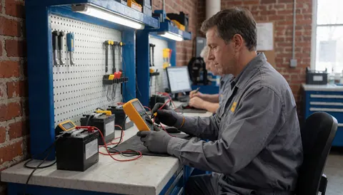 Un technicien mesure une batterie avec un multimètre jaune dans un atelier équipé d'un panneau perforé et d'outils, devant un mur en briques.