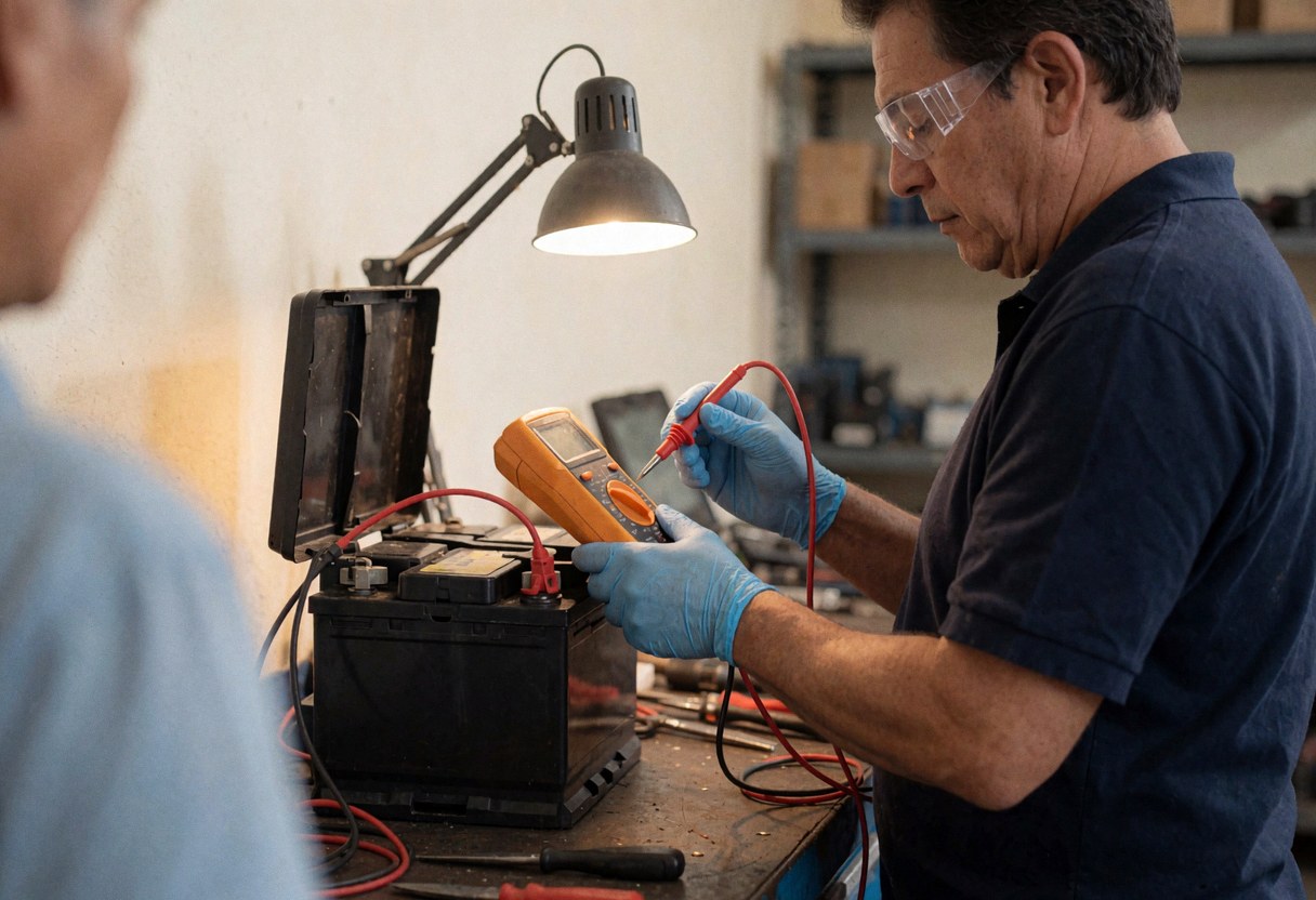 Un technicien mesure une batterie de voiture avec un multimètre dans un atelier, sous l'éclairage de travail, avec des outils sur l'établi.