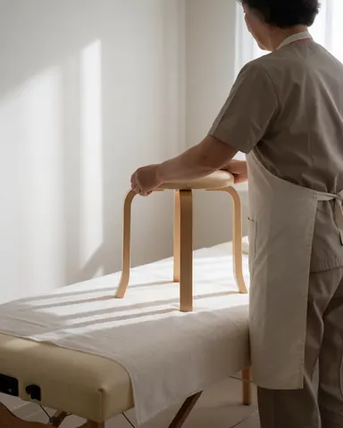 Une réflexologue portant un tablier ajuste une chaise en bois sur une table de massage blanche dans une salle aux murs blancs baignée de lumière naturelle.