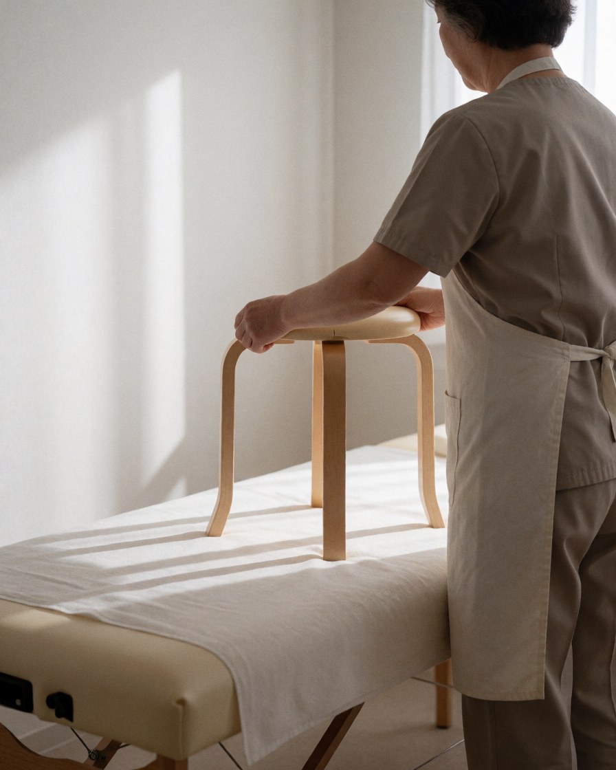 Une réflexologue portant un tablier ajuste une chaise en bois sur une table de massage blanche dans une salle aux murs blancs baignée de lumière naturelle.
