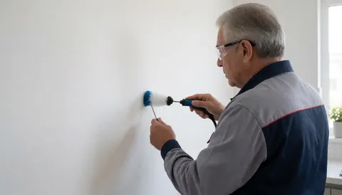 Un technicien portant des lunettes de sécurité examine attentivement une paroi blanche à l'aide d'une brosse en mousse lors d'une intervention de maintenance.