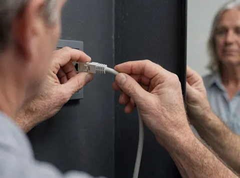 Gros plan des mains d'un technicien connectant un câble réseau Ethernet à une prise murale grise, détail technique pour entreprise de sécurité.