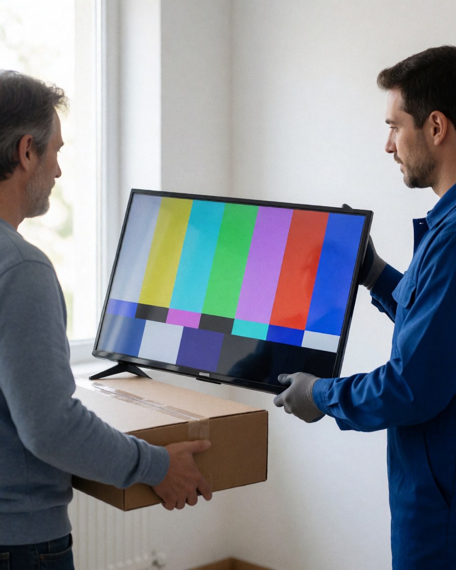 Un technicien en tenue de travail remet un téléviseur réparé à un client dans un atelier lumineux aux murs blancs, l'écran est allumé et affiche des motifs de test.