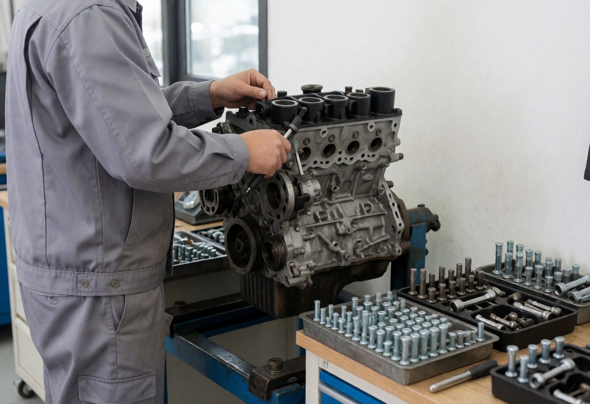 Mécanicien en atelier ajustant un bloc moteur avec des outils et des vis rangés, travail professionnel de réparation.