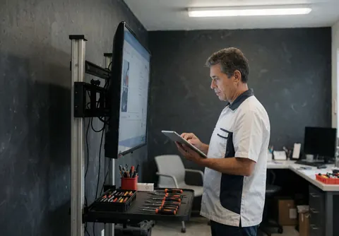 Un technicien professionnel inspecte un téléviseur posé sur une table de travail dans un atelier, avec des outils visibles et un fond gris neutre.