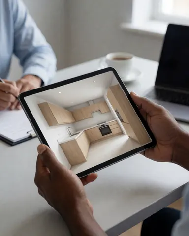 Client vérifiant un design de cuisine en bois clair sur une tablette dans un bureau avec une tasse de café et un ordinateur portable pour un installateur de cuisines.