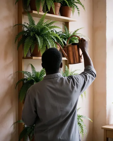 Vue d'une personne arrosant des plantes disposées sur une étagère verticale, avec un mur en terre cuite et une lumière naturelle.