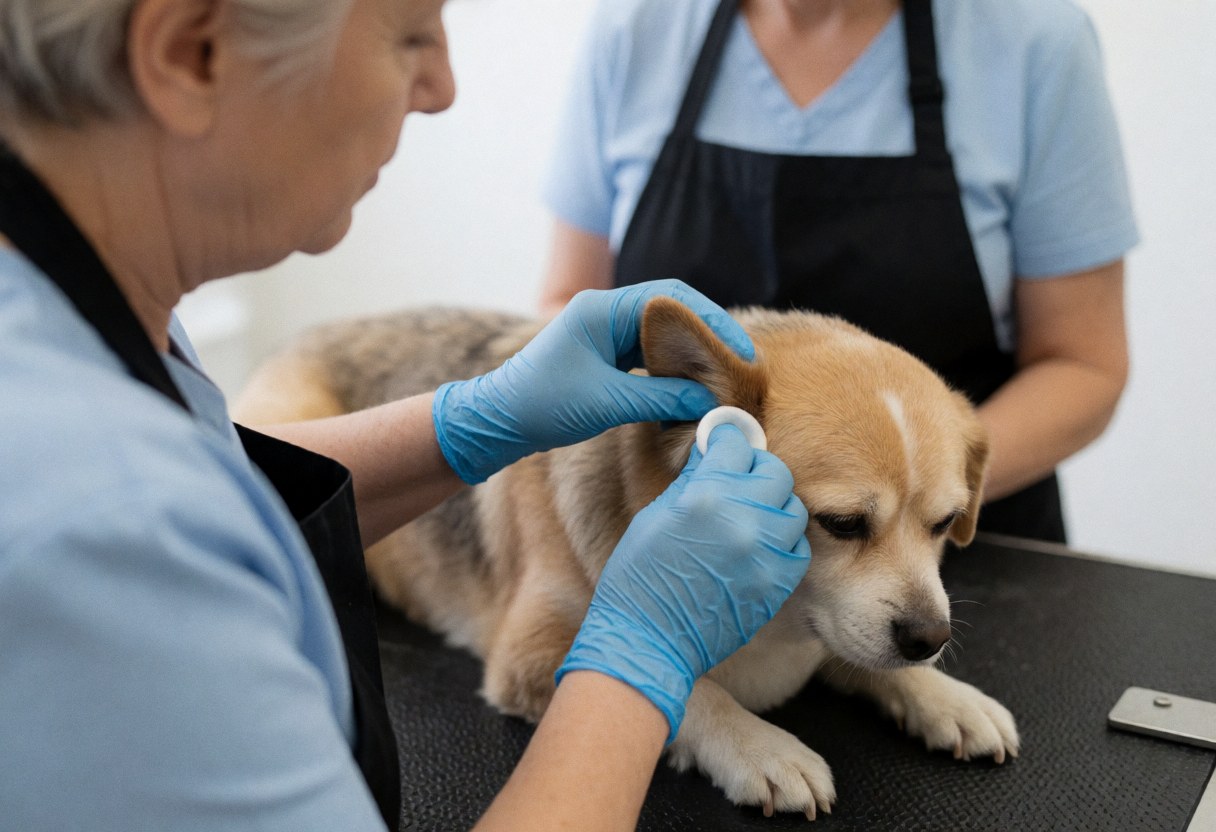 Un groomer utilise des gants bleus pour nettoyer l'oreille d'un chien sur une table de toilettage, sur fond blanc flou.