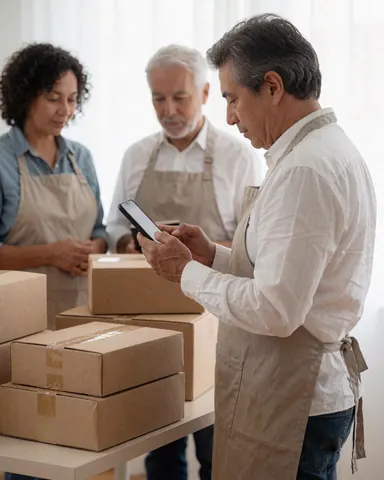 Un homme en tablier consulte son smartphone pendant que deux autres personnes observent des cartons empilés sur une table de travail bien éclairée.