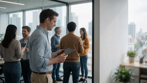 Un homme tient une tablette dans un bureau lumineux avec vue sur la ville, des collègues en réunion à l'arrière-plan, éclairage moderne et ambiance professionnelle.