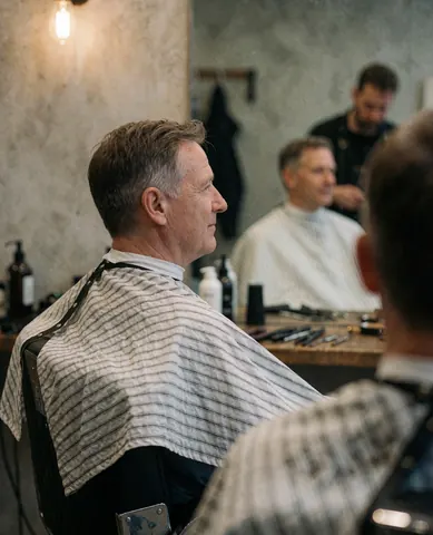 Un client masculin portant une cape rayée est assis dans un salon de coiffure aux murs en béton et à l'éclairage chaleureux, illustrant le service de coupe de cheveux.