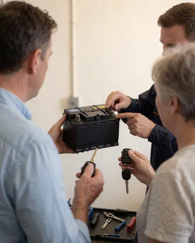 Un technicien examine une batterie de voiture en présence d'un client, tenant une clé et des outils dans un atelier aux murs blancs.