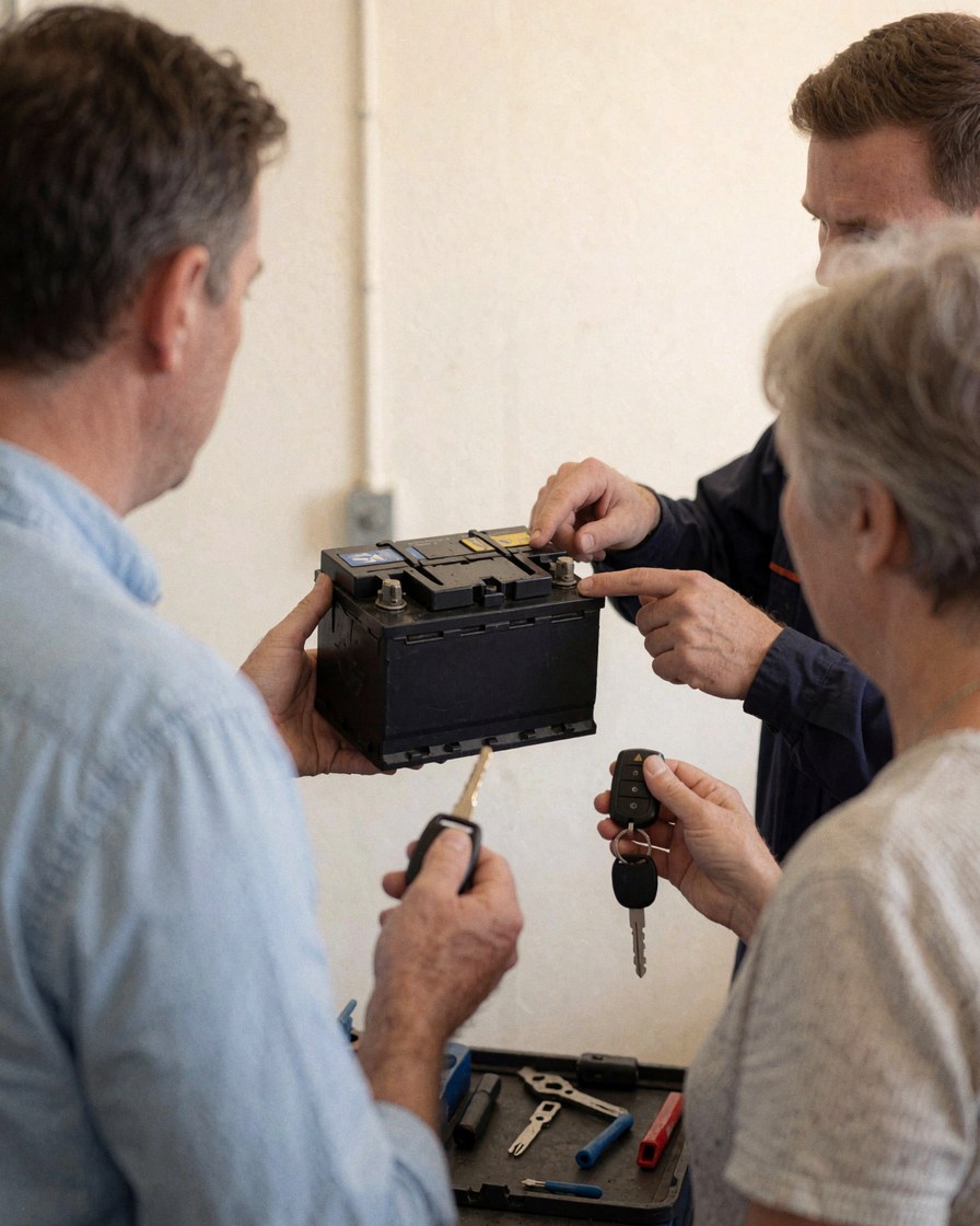 Un technicien examine une batterie de voiture en présence d'un client, tenant une clé et des outils dans un atelier aux murs blancs.