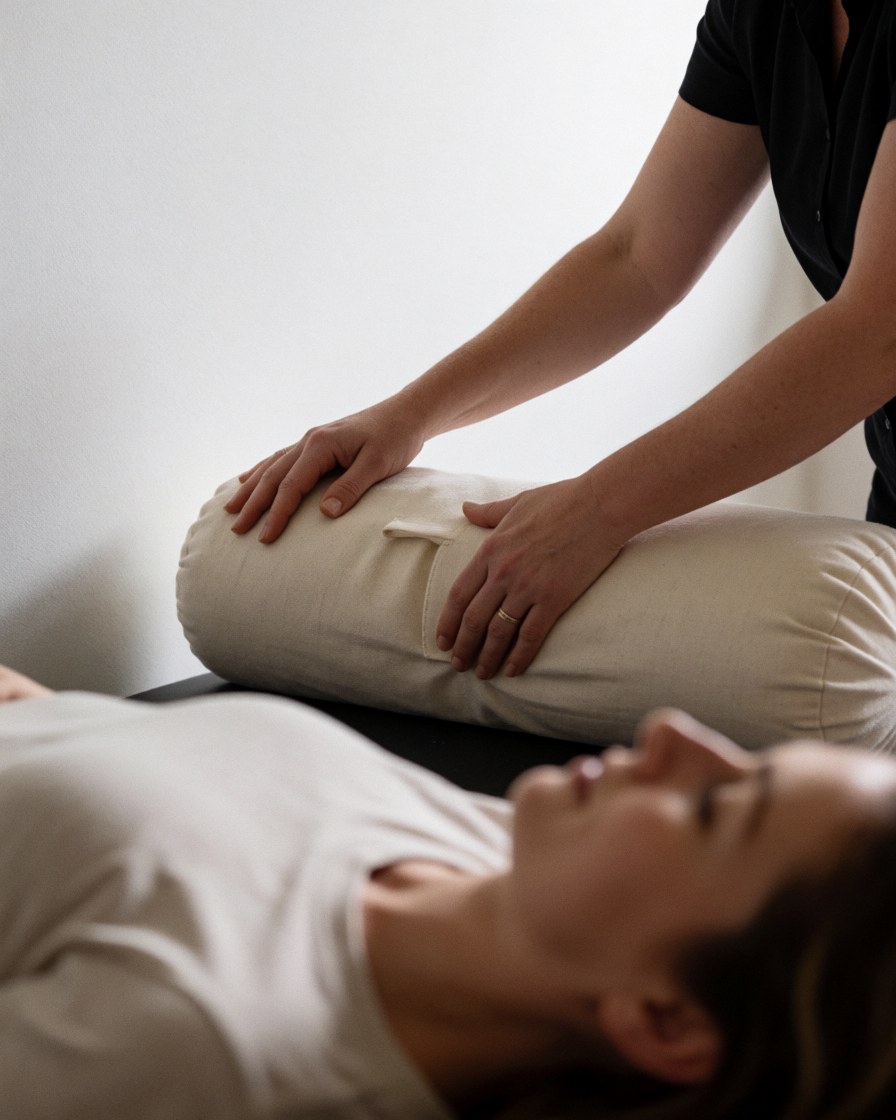 Un instructeur de yoga ajuste délicatement un coussin de repos sur un étudiant allongé contre un mur blanc, dans un cadre professionnel à la lumière douce.
