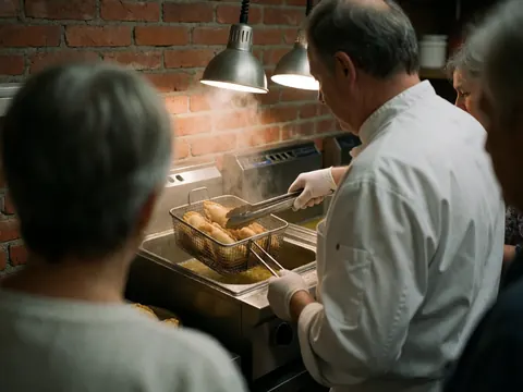 Un chef portant des gants retire des empanadas d'une friteuse en acier inoxydable devant un mur de briques rouges dans une cuisine professionnelle.
