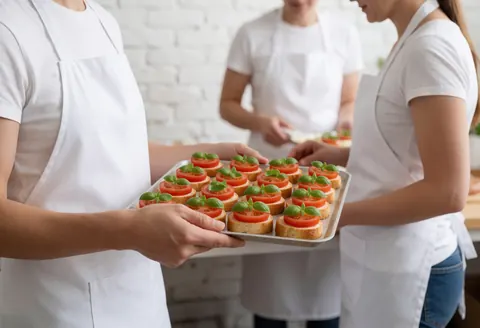 Personnel en tabliers blancs servant des bruschettas fraîches à la tomate et au basilic dans une cuisine aux murs de briques blanches.